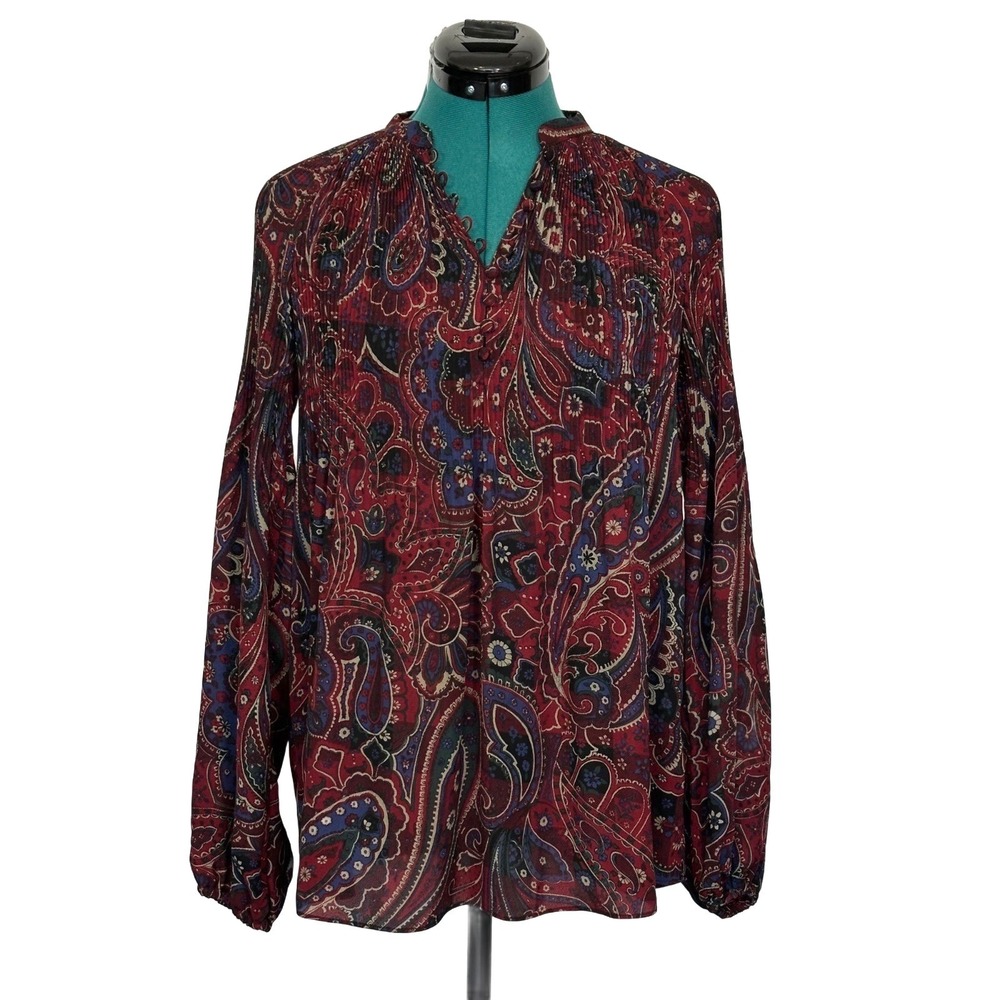 Ralph Lauren Black Label Paisley Pleated Blouse Small Red Boho Long Sleeve Top